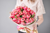 Fototapeta  - Crimson color tulips in woman hand. Spring bouquet of red tulips in hands. Bunch of fresh cut spring flowers