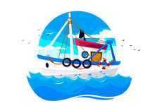 Vector Illustration Of A Fishing Boat Floating In The Sea