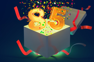 Number 85 inside gift box with confetti and shiny light, 3D rendering