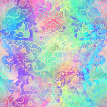 Holographic Foil Vivid Trendy Seamless Turkish Motif Pattern. Opalescent Psychedelic Design In Pastel Rainbow Colors. Cosmic Futuristic Iridescent Graphic Swatch.