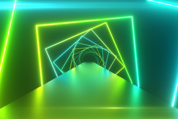 Wall Mural - Abstract geometric background with rotating squares, fluorescent ultraviolet light, glowing neon lines, spinning tunnel, modern colorful green blue spectrum, 3d illustration