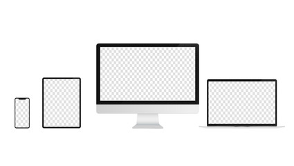 Poster - Devices with transparent screen template. Realistic vector illustrations of smartphone, tablet, desktop and laptop. For use in mockups.