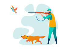 Hunter Shooting Wild Duck Flat Vector Character. Forest Hunting Season, Extreme Hobby, Occupation. Cartoon Illustration. Owner With Pet, Man Aiming Bird From Shotgun. Hunting Dog Running