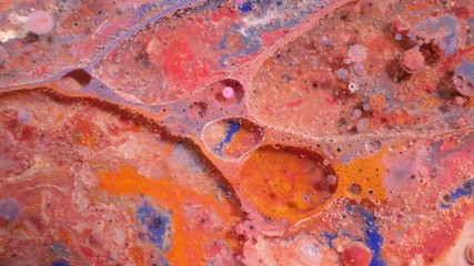 Wall Mural - Colorful acrylic paints mix in beautiful patterns. Oil Inks of coral, orange, red and other colors spread over the surface and mix, creating amazing textures and design. Abstract bubbles