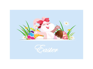 Poster - rabbit with easter label and eggs, greeting card