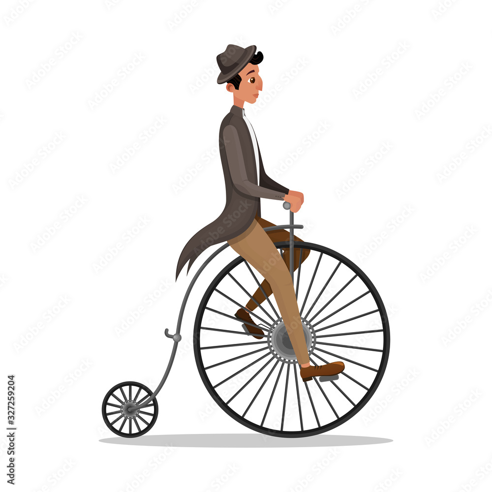 Man Riding Penny Farthing Retro Bicycle Isolated on White Background ...