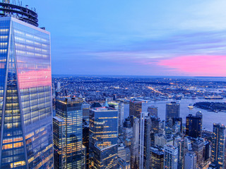 New York City WTC with East River in sunset, aerial photography 