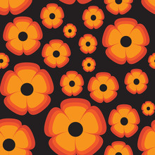 Vector Retro Orange Flower On Black Background Pattern. Perfect For Fabric, Wallpaper Or Scrapbooking.