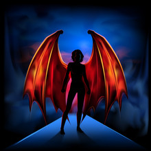 Silhouette Of A Woman With Fiery Wings On A Background Of Dark Clouds. Illustration, Vector. EPS-10.