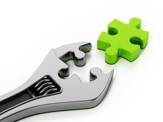 Wall Mural - Wrench and puzzle part isolated on white background. 3D illustration