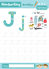 Wall Mural - Letter J uppercase and lowercase cute children colorful ABC alphabet trace practice worksheet for kids learning English vocabulary and handwriting layout in A4 vector illustration.