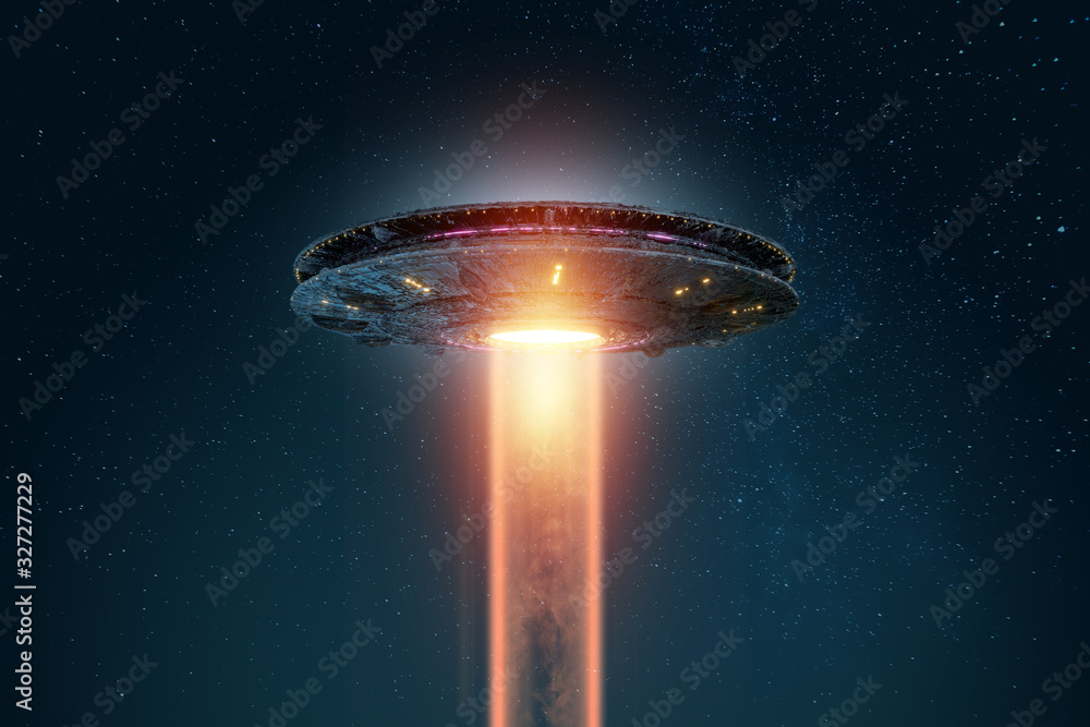 UFO, an alien plate soars in the sky, hovering motionless in the air. Unidentified flying object, alien invasion, extraterrestrial life, space travel, humanoid spaceship. 3D render, 3D illustration - obrazy, fototapety, plakaty 