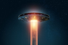 UFO, An Alien Plate Soars In The Sky, Hovering Motionless In The Air. Unidentified Flying Object, Alien Invasion, Extraterrestrial Life, Space Travel, Humanoid Spaceship. 3D Render, 3D Illustration