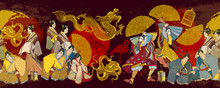 Golden Dagon, Samurai And Geishas. Classical Engraving Art. Asian Culture. Kabuki Actors. Medieval Japan Background. Ancient Illustration. Japanese Horizontal Seamless Pattern