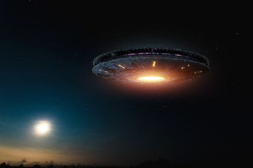 Wall Mural - ufo, an alien plate soars in the sky, hovering motionless in the air. unidentified flying object, al