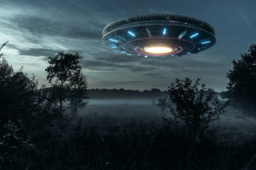 Wall Mural - ufo, an alien plate hovering over the field, hovering motionless in the air. unidentified flying obj