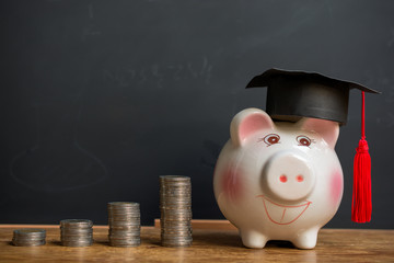 Wall Mural - hat graduation model set on piggy saving with money coins for concept investment education and scholarship