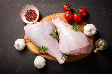 Wall Mural - fresh turkey legs with ingredients for cooking, top view