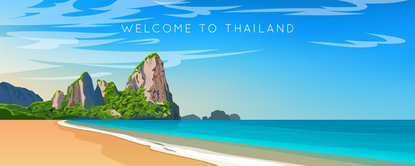 Wall Mural - Thailand. Phuket landscape. Wide panorama. Mountains, beach and ocean. Vector illustration