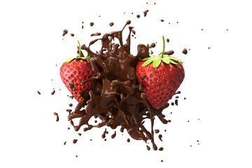 Wall Mural - explosion chocolate liquid with strawberry fruit on white background. 3d render.