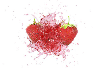 Wall Mural - explosion strawberry juicy liquid with strawberry fruit on white background. 3d render.