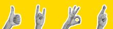 Collage In Magazine Style With Hands Showing Different Gestures On Yellow Background
