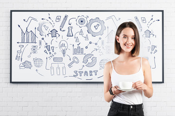 Wall Mural - Smiling woman with coffee and her business plan