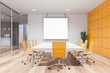 © ImageFlow - Yellow and white meeting room with mock up screen