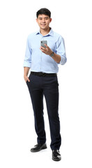 Poster - Young Asian businessman with mobile phone on white background