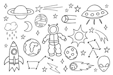 Wall Mural - hand drawn colorful cosmos doodle vector set