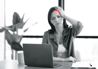 Wall Mural - Exhausted manager girl suffering from migraine in office