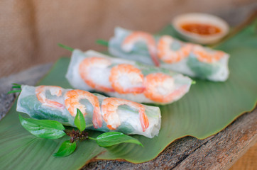 Poster - Summer Roll, Salad roll, Fresh Spring Roll, Vietnamese Food. It is made from rice paper, prawns, vegetable and used with fish sauce