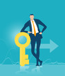 © IRStone - Business man stands next to the golden key as symbol of success and great achievement in business.