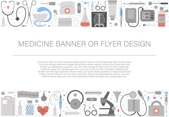 vector horizontal layout frame with medical equipment and tools. medicine elements banner design. cu