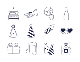 Poster - happy birthday, decoration event festive celebration party icon set line style