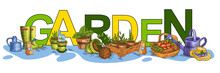Horizontal Vector Banner With Gardening Objects – Plants, Seedlings, Soil And Fertilizers. Big Letters On The Background. Concept For Gardening Shops, Online Stores, Landing Pages, Advertisements. Iso