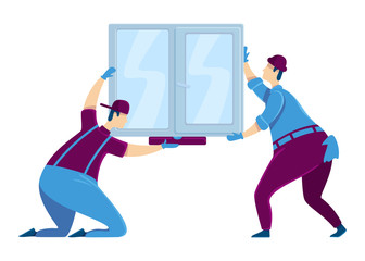 Window installation flat color vector faceless character. Group of handy workers holding glass in frame. House improvement service. Builders in uniform. Home repairs isolated cartoon illustration