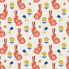 Wall Mural - Modern folk tribal boho animals and flowers in Scandinavian style. Floral Slovak ornament, inspired by northern mythology and fairy tales. Swedish folklore, Nordic seamless pattern. Woodland character