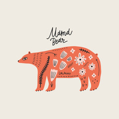 Wall Mural - Modern folk tribal boho patterned animal in Scandinavian style. Floral Slovak ornament, inspired by northern mythology and fairy tales. Swedish folklore drawing, Nordic flowers pattern. Woodland chara