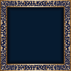 Wall Mural - Vintage gold frame with scroll border pattern. Golden square decoration on dark blue background. Ornamental photo frame design. 