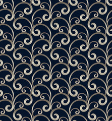 Wall Mural - Vintage golden scroll pattern with floral swirls in rococo style. Elegant seamless ornamental texture on dark blue background