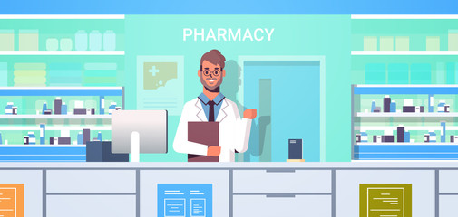 Wall Mural - male doctor pharmacist with clipboard standing at pharmacy counter modern drugstore interior medicine healthcare concept horizontal portrait vector illustration