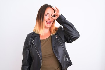 Sticker - Young beautiful woman wearing t-shirt and jacket standing over isolated white background doing ok gesture with hand smiling, eye looking through fingers with happy face.