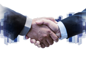 Wall Mural - Partnership. double exposure image of investor business man handshake with partner for successful meeting deal and cityscape background, investment, partnership, teamwork and connection concept