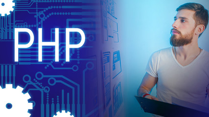 A bearded man on a technical background with the inscription PHP. Interpreted programming language. PHP scripting language. A programming language for developing web applications.