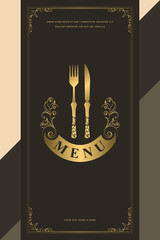 Luxury Restaurant Menu Logo Template. Golden Cutlery. Elegant Drawn Emblem. Floral Ornament. Creative Monogram with Inscription. Brochure cooking Design for Cafe, Restaurant, Bar. Vector illustration