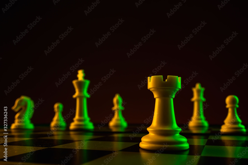 Chess Rook Fight Chess pieces, rook on a chessboard, game. The concept of confrontation ...