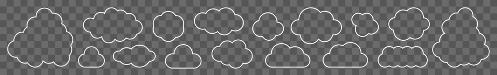 Wall Mural - Cloud Icon White Line | Clouds Illustration | Weather Climate Symbol | Computing Storage Logo | Cartoon Bubble Sign | Isolated | Variations