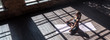 © insta_photos - Calm fit sporty healthy mindful woman sit in lotus pose doing yoga exercise breathing fresh air meditating in gym lit with sunlight, stress free peace of mind concept, banner, copy space, top view