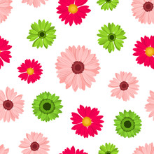 Vector Seamless Pattern With Red, Pink And Green Gerbera Flowers On A White Background.